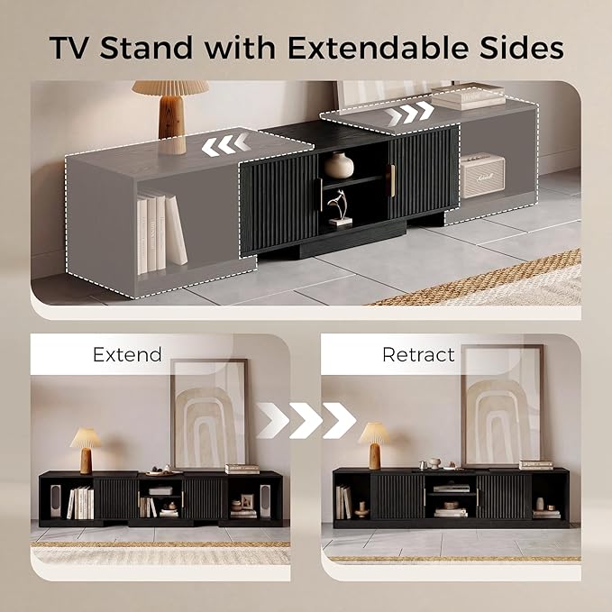 IRONCK TV Stand for 55-80 Inches TVs, 63"-84.6" Adjustable Length, Extendable Corner Entertainment Center with Storage Cabinets, Fluted Doors Modern Media Console, Ideal for Living Room, Black