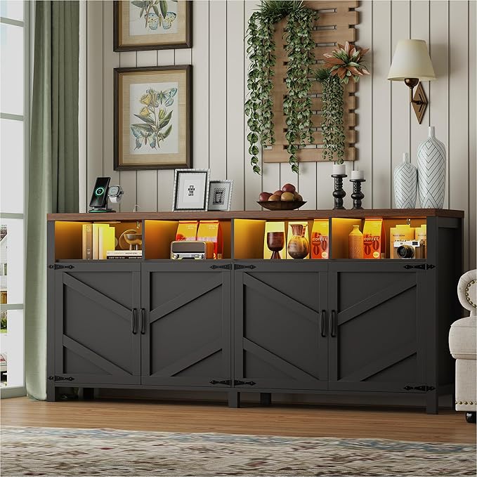 knoworld 63'' Buffet Sideboard with Storage with Power Outlets & LED Light 4 Doors, Large Farmhouse Kitchen Storage Cabinet Wood Coffee Bar Cabinet Buffet Table for Kitchen, Dining Room, Entryway