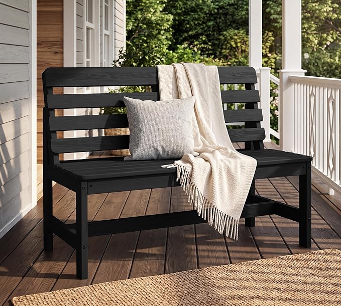 SERWALL Outdoor Bench, All Weather HDPE Outdoor Benches, 2-Person Armless Porch Bench with 600 lbs Weight Capacity, Patio Benches for Outdoors, Porch, Park and Dining, Black