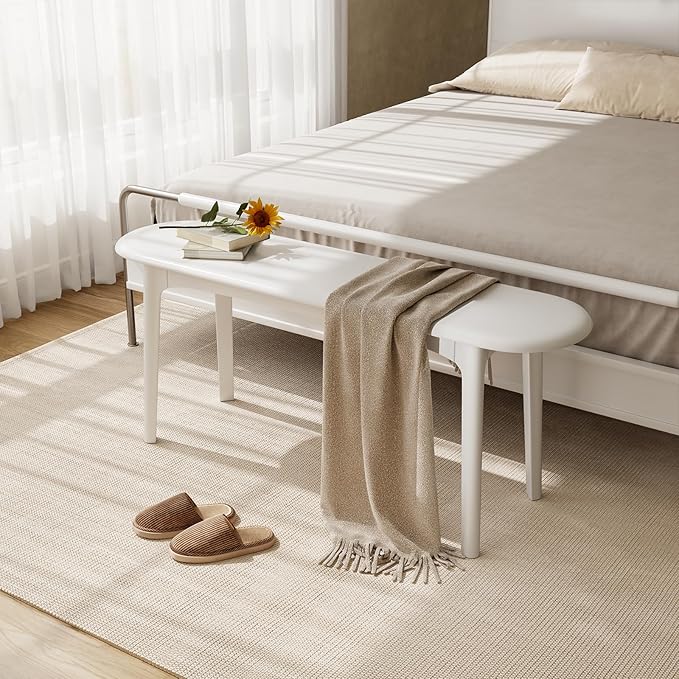DONGMUWUEJEE 100% Solid Wood Dining Bench, Wood Bench for End of Bed with Rounded Corners, Entryway Benches for Farmhouse, Kitchen, Living Room and Plant Stand (White, 39.4" D x 11.8" W x 19.7" H)