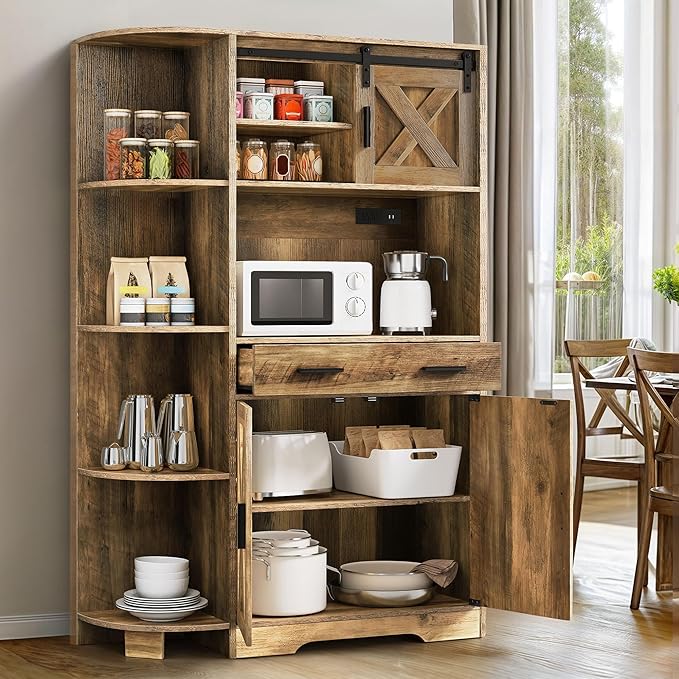 YITAHOME 67" Farmhouse Kitchen Pantry with Power Outlet, Sliding Barn Door Storage Cabinet w Charging Station, Freestanding Hutch with Shelves & Drawer, Microwave Stand Cupboard for Dining Room, Oak