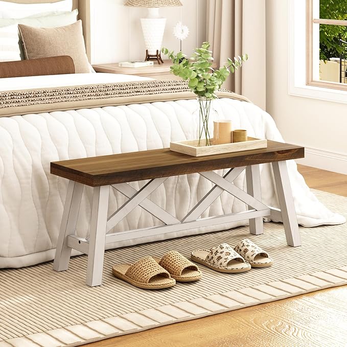 Wnutrees 43" Farmhouse Wood Bench, Rustic Solid Wood Entryway Bench Seat with Double X-Structure for Dining Area Living Room Hallway, Structural Stability, White