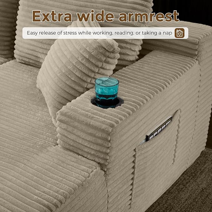133" Oversized Cloud Boneless Sofa Couch with Chaise, Modern Corduroy U Shaped Modular Sectional Sofa with Deep Seat, Comfy Couch with Cupholders and Storage, No Assembly Required-Camel