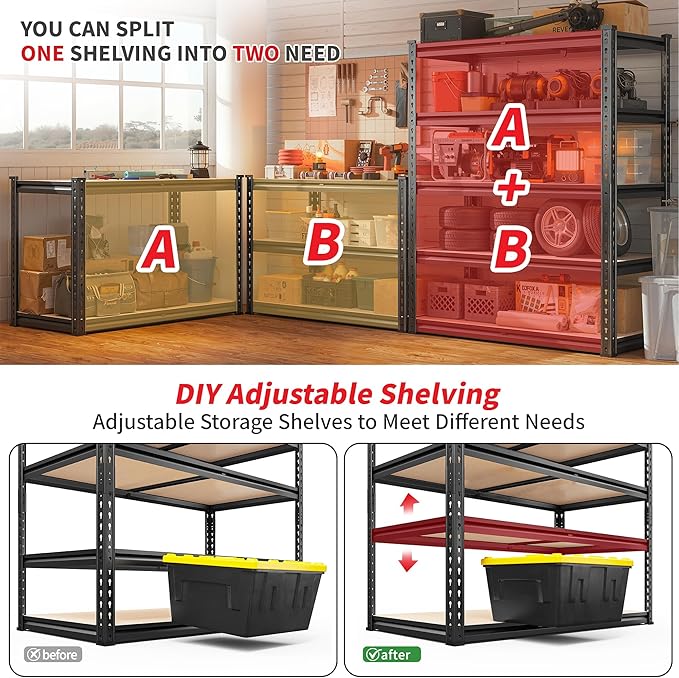 REIBII 2400LBS Storage Shelves 5 Tier Garage Shelving Heavy Duty, Adjustable Metal Shelving, Garage Shelves for Basement, Warehouse, Pantry, Closet, Kitchen 72" H x 36" W x 16" D, Black, 4 Pack