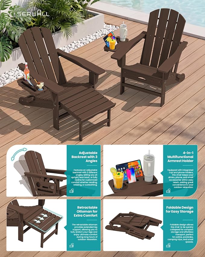 SERWALL Folding Adjustable Adirondack Chair with Footrest, HDPE Outdoor Chair with 4-in-1 Cup Holders, All Weather Adirondack Chair with Ottoman, Coffee