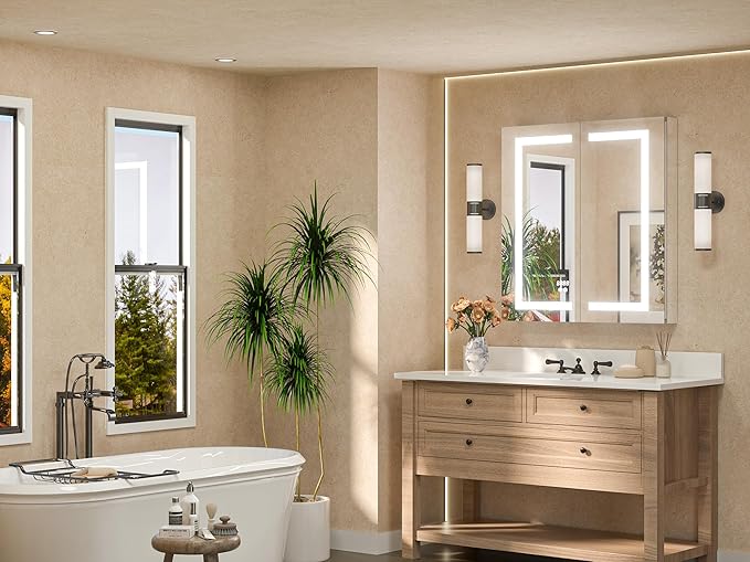 TETOTE 30 x 32 Lighted Medicine Cabinet Mirror for Bathroom with LED Lights, 2 Door Tempered Glass Recessed or Surface Mount Mirrored Cabinet, Outlets & USB, 3-Color Dimming, Defog, Adjustable Shelf