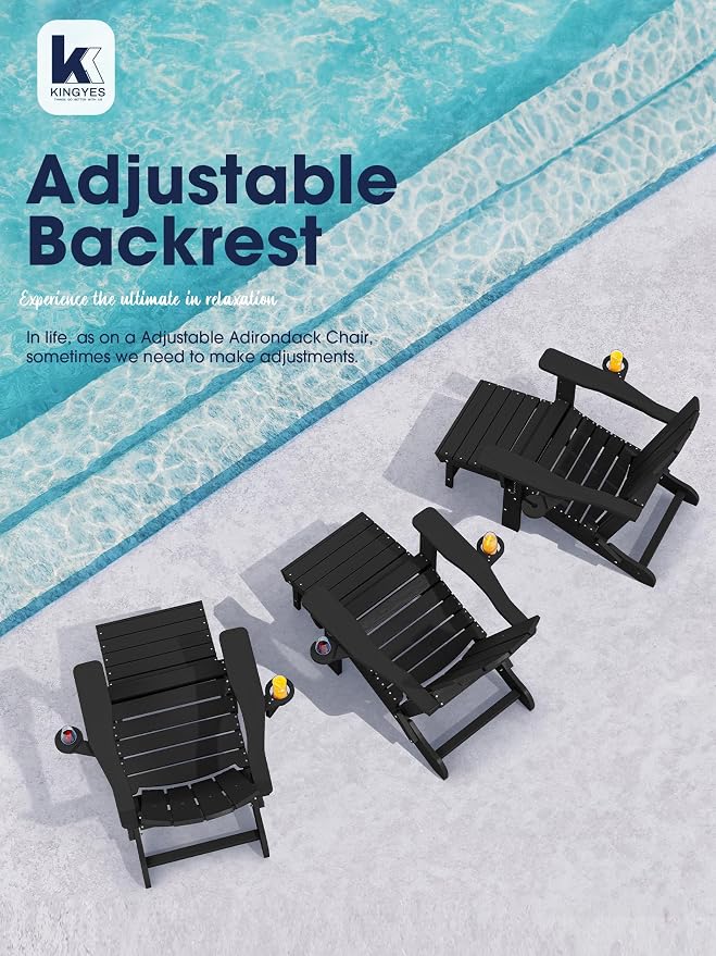KINGYES Folding Adjustable Adirondack Chair with Ottoman & 2 Cup Holders Set of 4, HDPE Adirondack Recliner Chair with Footrest, Black