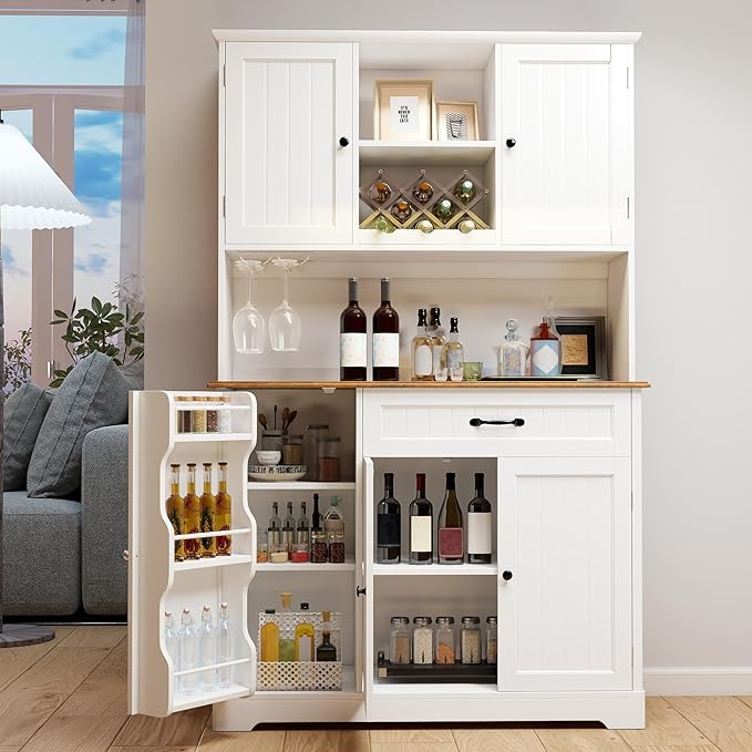 Gizoon Kitchen Pantry Cabinet with Countertop Kitchen Hutch Storage Cabinet 67.7" Tall Pantry Coffee Bar with Storage for Dining Room and Craft Room, White and Rustic