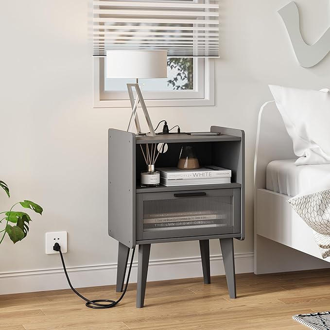 MMEOLUOOK Nightstand with Charging Station, Bedside Tables Grey End Table Side Table with 2 Tiers Storage Space, for Bedroom Living Room CAMLBZ07ZE
