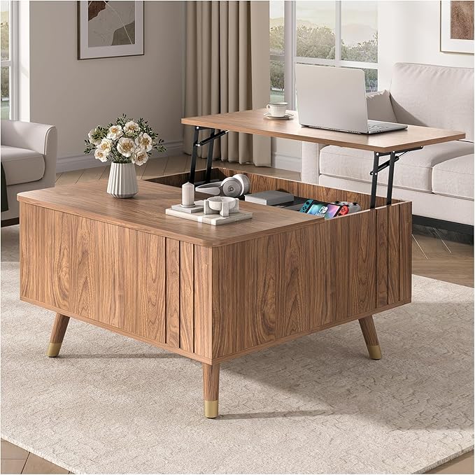 JOINICE 32" Square Lift Top Coffee Table with Storage,Mid Century Modern Walnut Center Table with Rising Desktop for Living Room, Brown Wood Finish