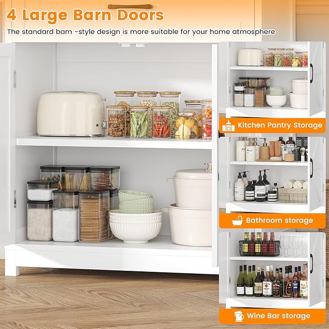 Saudism 70" Tall Farmhouse Kitchen Pantry Cabinet, Wooden Storage Cupboard with Barn Doors, Drawers & Cup Holder, Microwave Stand for Dining Room, White