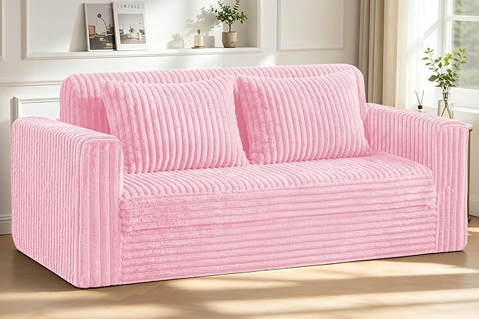 HABUTWAY 68" Loveseat Boneless Couch, 4-in-1 Convertible Sofa Bed, Plush Fur Folding Futon Sofa Bed Couches with 2 Pillows for Living Room, High-Density Foam Support, No Assembly Required, Pink