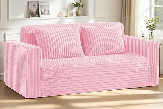 HABUTWAY 68" Loveseat Boneless Couch, 4-in-1 Convertible Sofa Bed, Plush Fur Folding Futon Sofa Bed Couches with 2 Pillows for Living Room, High-Density Foam Support, No Assembly Required, Pink