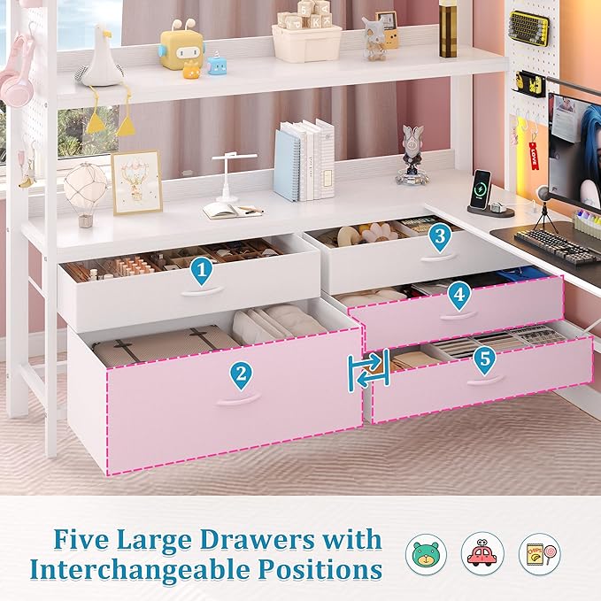 Loft Bed with Desk,Full Size Loft bed with 5 Drawers & 3 Open Shelves and & Clothing Rack,Loft Bed Full Size with Charging Station &LED Light & Thickened Tread Stairs for Adults/Kids/Young Teens,White