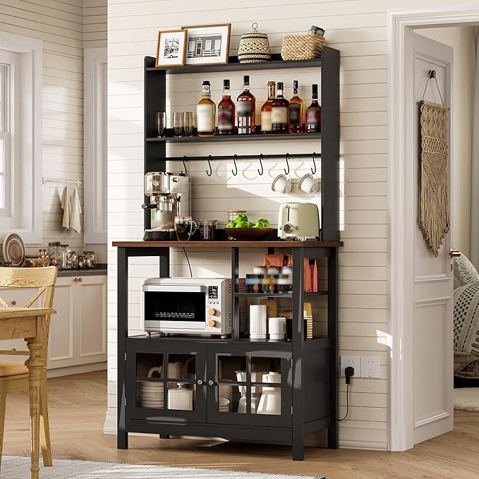 ChooChoo Farmhouse Coffee Bar Cabinet with Storage, Bakers Rack with Power Outlets, Microwave Stand Kitchen Cabinet with Hutch and 6 Hooks, Black