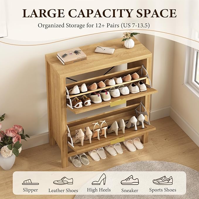 YOMILUVE Shoe Storage Cabinet for Entryway, Fluted Shoe Cabinet with 2 Flip Drawers, Hidden Shoe Rack Slim Freestanding Hidden Shoe Organizer for Foyer, Hallway, Oak