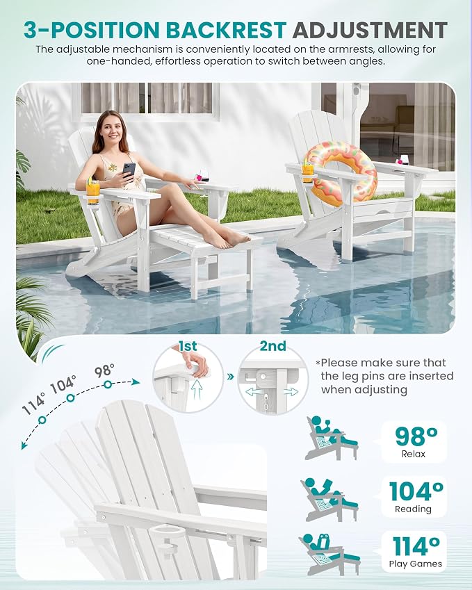SERWALL Folding Adjustable Adirondack Chairs with Footrest Set of 2, HDPE Outdoor Chair with Dual Cup Holders, All Weather Adirondack Chair with Ottoman, White