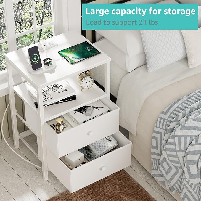 BOLUO White Nightstands Set of 2, Bedroom Night Stand Set Two Nightstand with Charging Station and LED Light, Bedside Table with 2 Fabric Drawers Modern