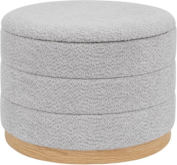 Round Storage Ottoman with Tray Lid, Folding Chenille Fabric Footrest with Hidden Storage, 22.8" Large Footstool Side Table for Dorm Living Room Bedroom, Wood Grain Base, Sliver Grey