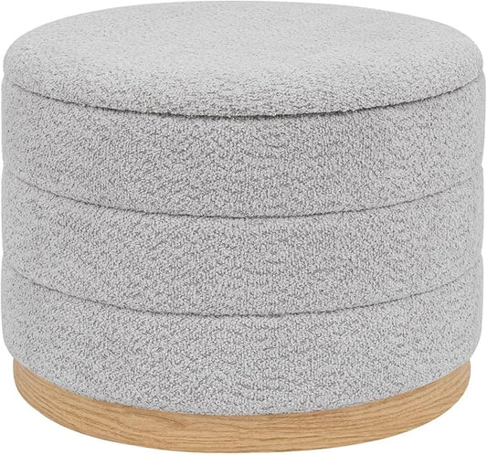 Round Storage Ottoman with Tray Lid, Folding Chenille Fabric Footrest with Hidden Storage, 22.8" Large Footstool Side Table for Dorm Living Room Bedroom, Wood Grain Base, Sliver Grey