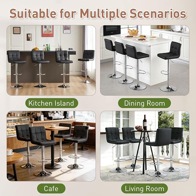 Sweetcrispy Bar Stools Set of 2, Armless PU Leather Adjustable Swivel Barstools, Hydraulic Kitchen Counter Height Thickened Seat Cushion Square Island Countertop Chairs with Back, Black