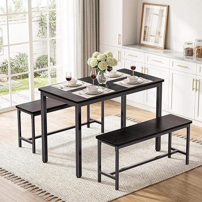 Dining Table Set for 4, Kitchen Table with 2 Benchs, Space Saving Dining Room Table Set for 4 Person, 3 Piece Office Table Set for Small Space, Breakfast Nook, Office, Apartment, Black