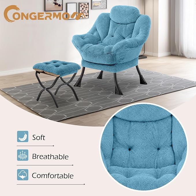 Lazy Chair with Folding Ottoman,Leisure Sofa Chair,Soft Fabric Armchair with Armrests and Side Pockets, Reading Chair with Footrest for Living Room, Bedroom, Office (Plush Blue)