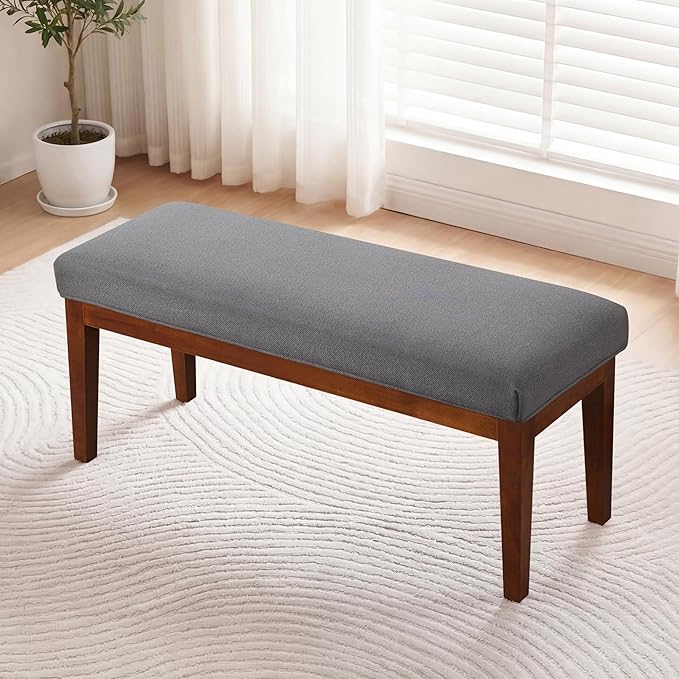 43.5" Upholstered Bedroom Bench, Linen Entryway Bench with Solid Wood Legs, End of Bed Bench with Cushion, Dining Bench for Living Room, Bedroom, Hallway, Dark Grey