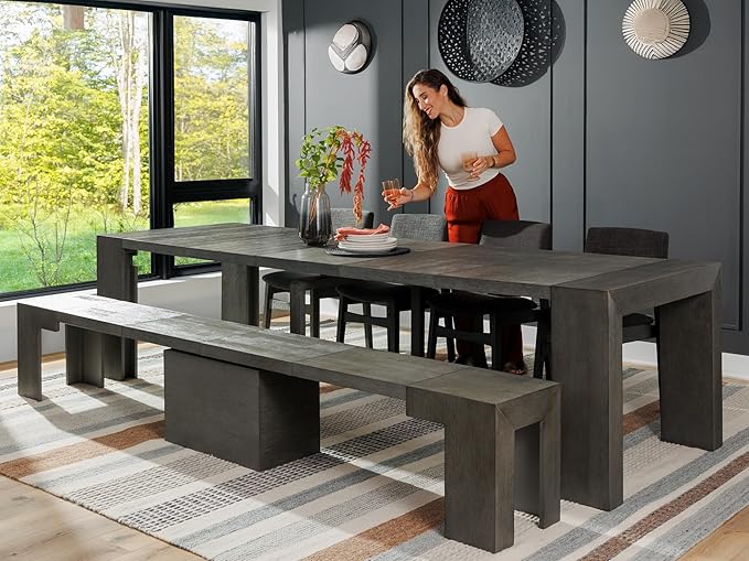 Transformer Table - Solid Wood Extendable Dining Table, Seats 2-12, Expandable Dining Room Table, Space-Saving Furniture, Kitchen and Dining Room Furniture (Dark Grey, Table + 2 Benches)