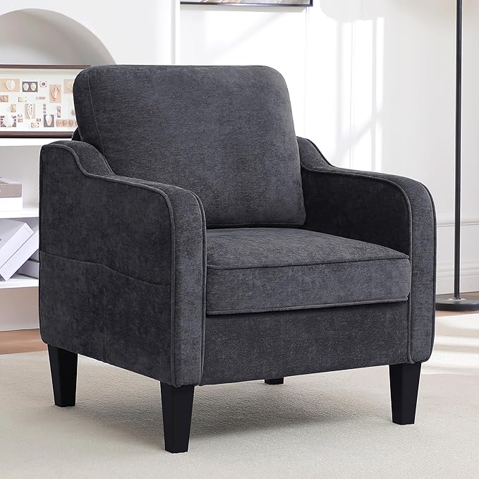 Accent Chairs Set of 2, Upholstered Living Room Chairs with Side Pocket, Mid Century Modern Reading Chair for Bedroom, Comfy Armchair Single Sofa Side Chair for Office, Small Room, Dark Grey