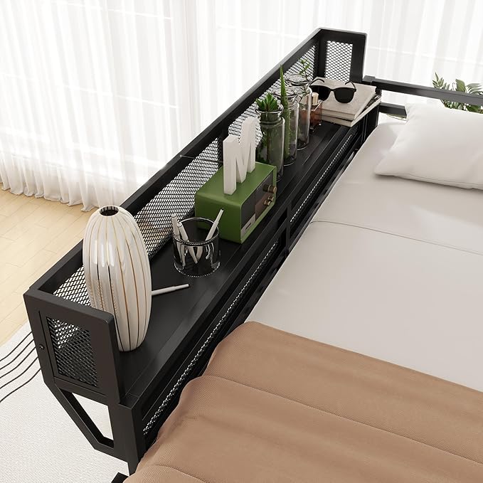 KEIKI Full Size Metal Loft Bed Frame with Ladder and Built-in Storage Shelves, for Teens, Modern Style Loft Bed with Solid Slats, Guardrail, No Box Spring Required, Easy Assembly, for Bedroom, Black