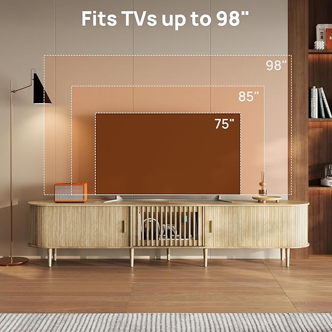 94.5" Fluted Mid Century Modern TV Stand for TVs Up to 80/85/86/90/98/100", Tambour Sliding Doors Entertainment Center with Storage&LED, Curved Media & TV Console Long TV Stands for Living Room, Oak