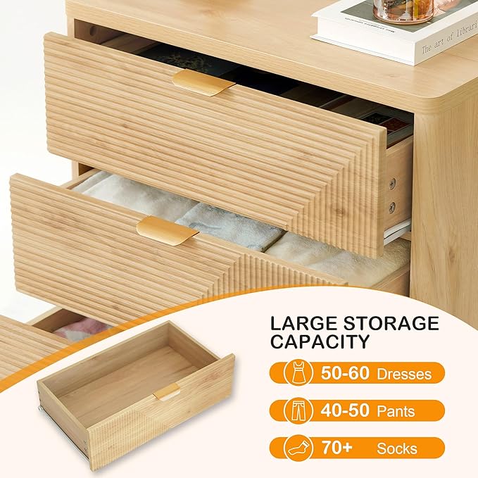 3 Drawer Fluted Nightstand for Bedroom, Modern Wood Night Stand with Curved Profile, Fluted Dresser & Wood Drawer Organizer for Bedroom and Hallway
