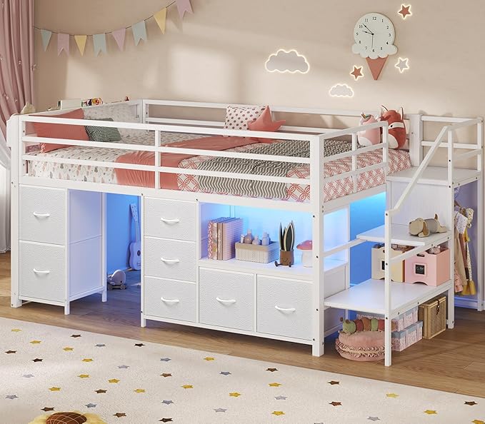 ADORNEVE Low Loft Bed Twin Size with Stairs,7 Drawers, Bookcase and LED Lights, Metal Kids Loft Bed with 14" H Safety Guardrail,Inclined Ladder and Play Curtain, Under-Bed Play Space, White