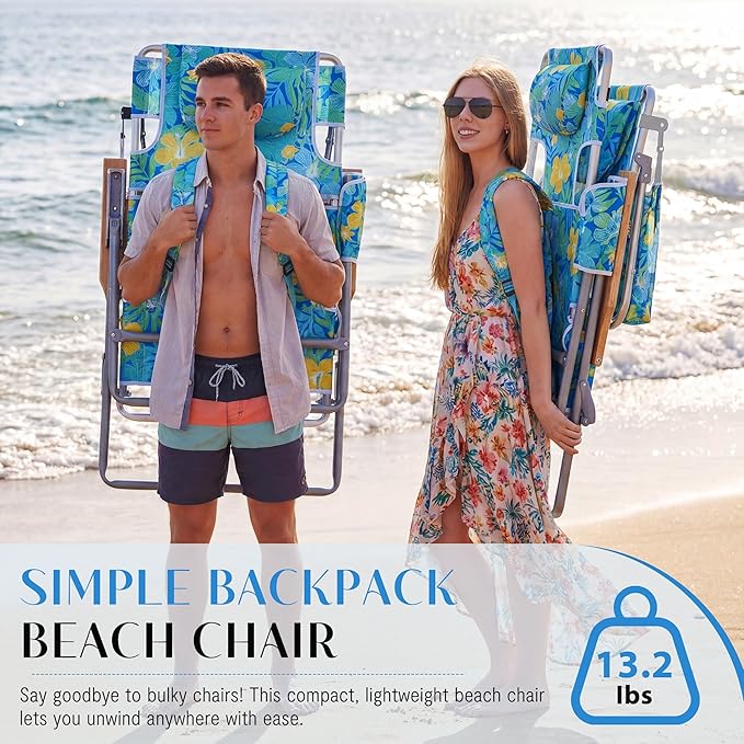 5-Positon Backpack Beach Chair, Portable Folding Tanning Chair, Double Shoulder Straps Beach Lounge Chair with Footrest, Face Hole, Towel Bar for Camping (Yellow Green, 60.6" with Canopy)