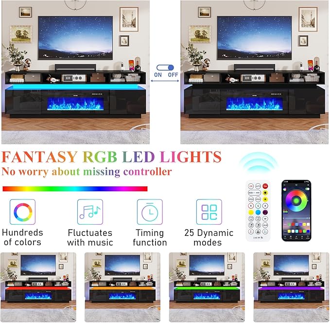 chartustriable Fireplace TV Stand for 95" TV, 83" LED Entertainment Center with 40" Fireplace & Power Outlets, High Gloss TV Stand, Gaming TV Media Console for Living Room, 83 Inch, Black