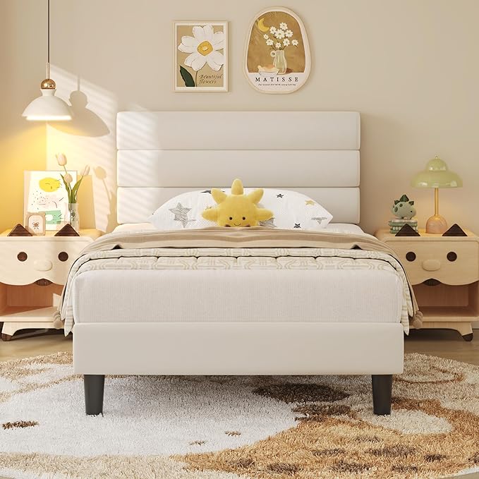 Fluest Twin Bed Frame, Platform Bed Frame with Velvet Upholstered Headboard, No Box Spring Needed, Sturdy Metal Support, Noise Free, Easy Assembly, Modern Bedroom Furniture, Beige