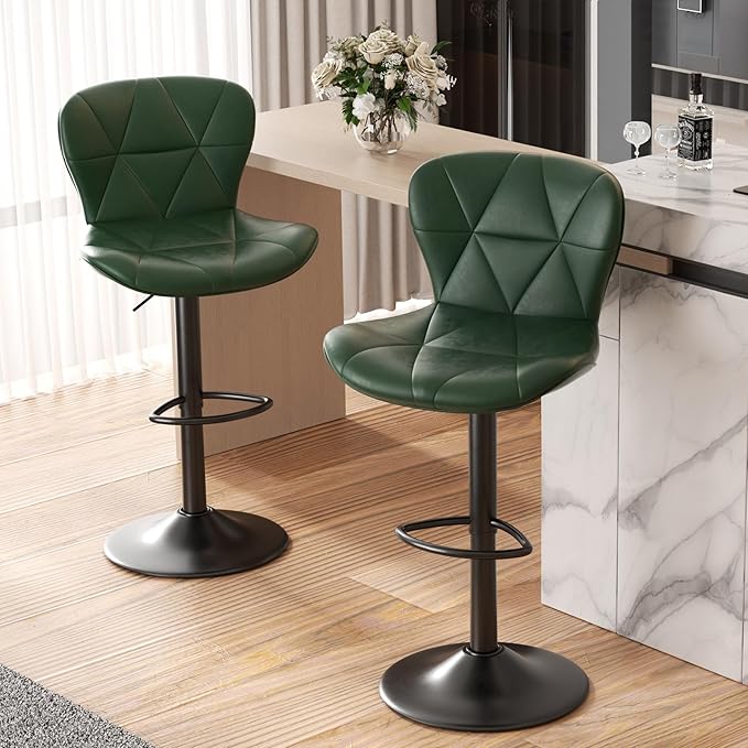 Nalupatio Modern Bar Stools Set of 2, Adjustable Faux Leather Upholstered Swivel Bar Stools, Counter Height Bar Chairs with Back for Kitchen Island, Green