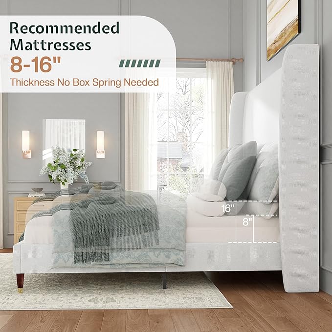 Jocisland Full Bed Frame 51.2" Wingback Headboard Linen Upholstered Platform Bed,Solid Wood Legs & Wooden Slats,No Box Spring Needed,Noise-Free,for Teen Room Small Bedroom Cozy Home,White