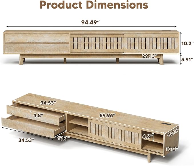 TV Stand for up to 100 Inch TVs, 94.5" Entertainment Center with Storage & Power Outlet, Mid Century Modern Media Console w Drawers and Sliding Door, Television Stand for Living Room, Natural