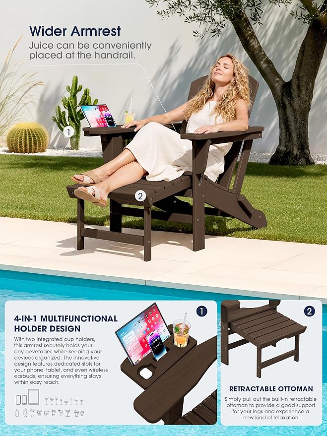 KINGYES Adjustable Folding Adirondack Chair with Footrest & 4-in-1 Multi-Functional Holder Set of 2, HDPE Reclining Adirondack Chair with Pull-Out Ottoman, Coffee