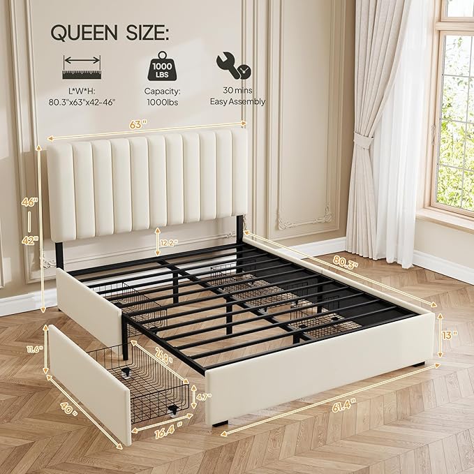Welzona Queen Velvet Bed Frame with 4 Storage Drawers, Fully Upholstered Metal Platform Bed Frame with Vertical Channel Tufted Headboard, 3-Level Height, Easy Assembly, No Box Spring Needed, White