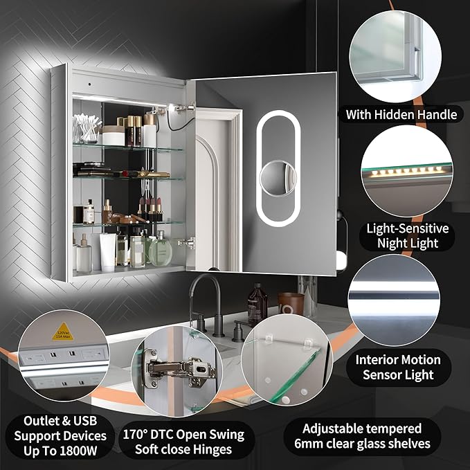ExBrite 24 x 32 LED Lighted Medicine Cabinet with Mirror, Front & Backlit, Night Light, Clock & Temp Display, Defog, 5X Magnifier, 3-Color Dimmable LED, Surface/Recessed Mount, Hinge On the Right