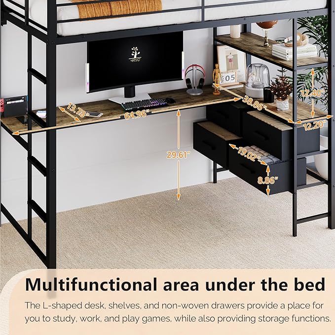 VINGLI Twin Metal Loft Bed Frame with 15 Inches Safety Guardrail, Non-Slip Ladder, 2 Charging Stations, L-Shaped Desk, Storage Shelve, 4 Drawers, LED Lights, for Kids, No Box Spring Needed, Black