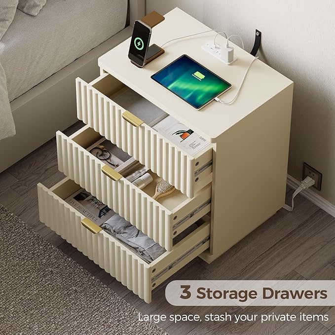Nightstands Set of 2, Nightstand with Charging Station & 3 Drawers Storage Bedside Table Large Fluted Bed Side End Table, Modern Nightstand for Bedroom Living Room (Beige)