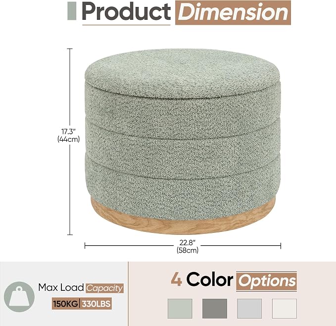 Round Storage Ottoman with Tray Lid, Folding Chenille Fabric Footrest with Hidden Storage, 22.8" Large Footstool Side Table for Dorm Living Room Bedroom, Wood Grain Base, Sage Green