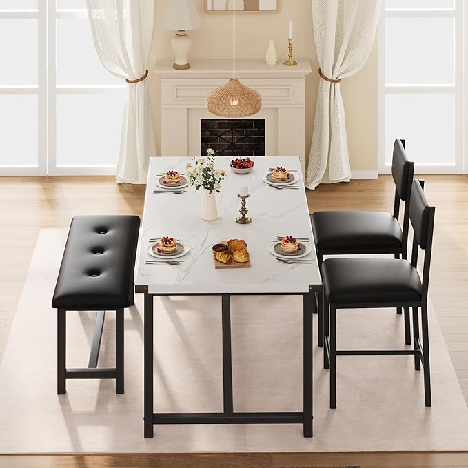 GarveeHome Dining Table Set for 4, Kitchen Table with 2 Upholstered Chairs and Bench, Wood Kitchen Dining Room Set, for Small Space, Apartment, Home, Kitchen, Marble White