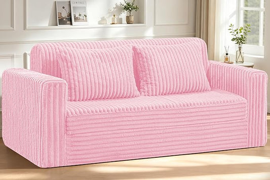 HABUTWAY 78" Loveseat Boneless Couch, 4-in-1 Convertible Sofa Bed, Plush Fur Folding Futon Sofa Bed Couches with 2 Pillows for Living Room, High-Density Foam Support, No Assembly Required, Pink