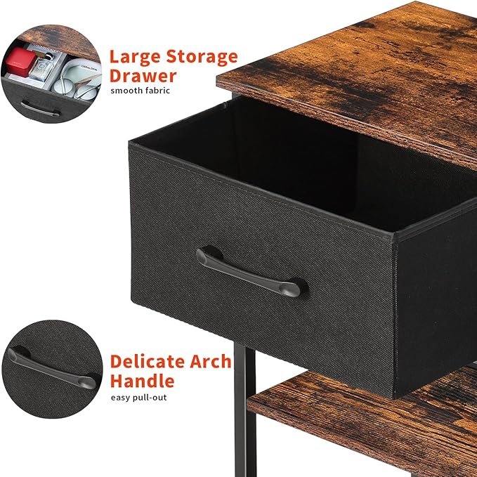 LAKEMID Nightstands Set of 2 with Charging Station and Drawer,Wood Bedside Table with 20 Colors LED Light for Bedroom Living Room (Rustic Brown)