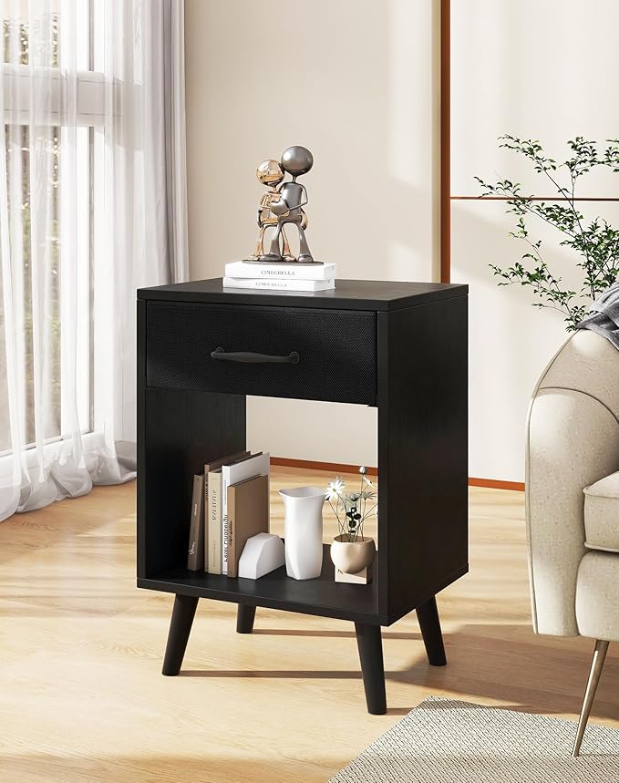 YMYNY Nightstand Set of 2, Bedside Table, Side Table with Fabric Drawer, Handle and Open Compartment, Solid Wood Legs, Wooden Coffee Table for Bedroom, Black UHST020B-2